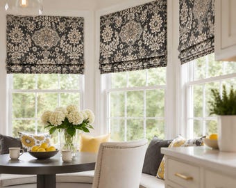 Dark Gray Floral Roman Shade for Kitchen, Cream Ivory Botanical Faux Shade Valance for Breakfast Nook, Custom Window Treatment, Belmont