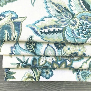 Faux (Stationary) Roman Shade Valance; Jacobean Floral, Blue, Green, Teal on Off White; Covington Tremezzo Seafoam;