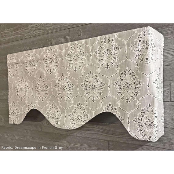 Shaped Rod Pocket Custom Valance, Fits Single Window 33 - 42 Inches ONLY, Cornice Style, Modern Floral Medallion; Black; Gray; Dreamscape