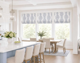 French Blue and White Roman Shade, Kitchen and Dining Faux Shade Valance with Modern Floral Medallions; Manchester in Cash Blue