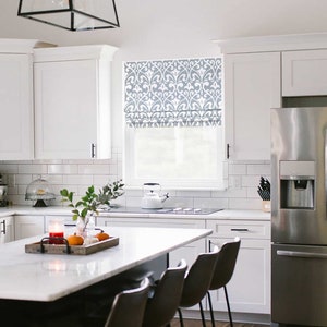 Lined Faux (Stationary) Roman Shade Valance; Modern Geometric Lattice; Field in Shy Blue;  Custom Sizing