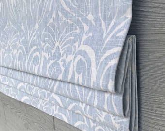 Lined Faux (Fake) Flat Roman Shade Window Valance, Neutral Color; Powder Blue, White; Custom Size Window Curtain; Joash in Mineral Blue