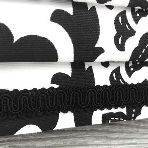 Lined Black and White Faux Mock Roman Shade Valance with Contrast Trim Coordinating Gimp Modern Damask Traditions image 4