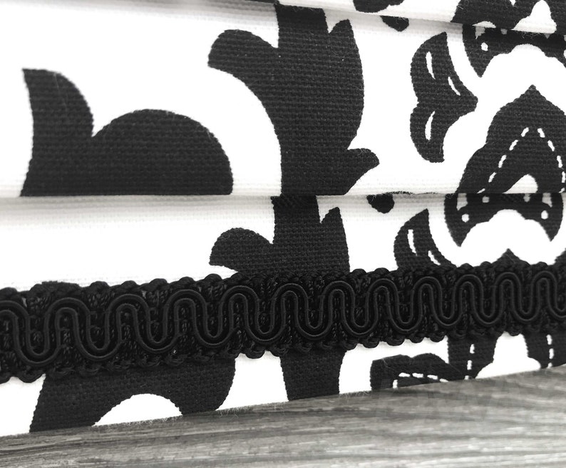 Lined Black and White Faux Mock Roman Shade Valance with Contrast Trim Coordinating Gimp Modern Damask Traditions image 4