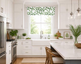 Lined Flat Kitchen Valance; Modern Floral Straight Window Valance, Green on White; Grove in Endive; up to 52" Wide