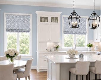 Blue and White Faux Shade Valance, Kitchen Roman Shade, Custom Designer Window Treatment, Cottage Farmhouse Valance, Field in Shy Blue