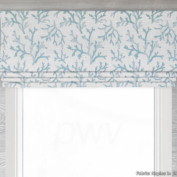 Lined Spa Blue/Green and Light Gray Faux (Flat) Roman Shade Valance, Beach House Coastal; Modern Corals; Naples in Blue Haze; Home Gift