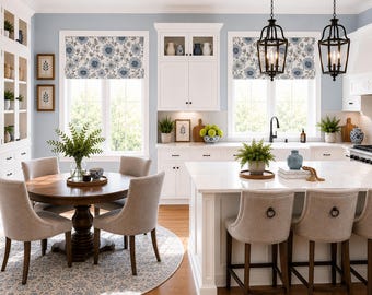 Roman Shade, Faux Shade Valance, Blue Gray White Floral Modern Kitchen, Bellingham in Blue