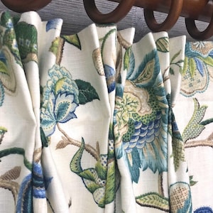 Brissac in Sapphire Pinch Pleat Drapery 84 96 108 Cafe Curtain, Floral Linen in Blue, Light Cream, Hand-Formed Pleats, Priced Per Each Panel