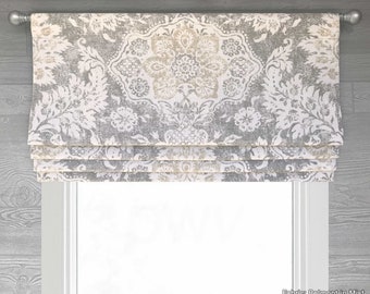 Lined Cream, Ivory and Gray Neutral Faux (Fake) Roman Shade Valance; Large Modern Floral Medallion, Magnolia Belmont in Mist;