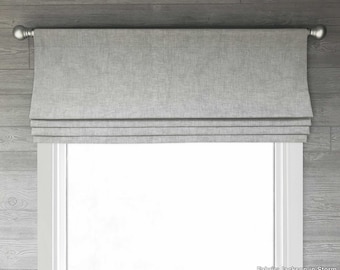 Lined Gray Faux (Stationary) Flat Roman Shade Valance, Solid Color Print in Gray, Jackson in Storm; Custom Sizing