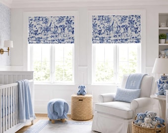Blue and White Roman Shade for Nursery Kids Room or Playroom, Faux Shade Valance in Modern Animal Print, Meru in Commodore Blue