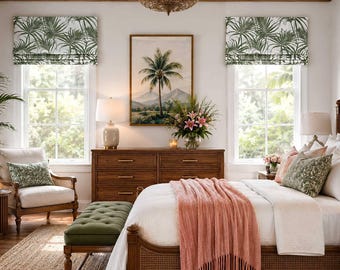 Green and White Tropical Roman Shade, Modern Coastal Faux Shade Valance, Custom Window Treatment, Karoo in Fairway