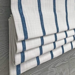 Roman Shade, Faux Shade Valance, Modern Farmhouse Stripe in Navy, Off White; Miles in Italian Denim
