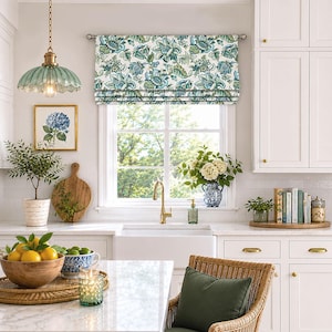 Roman Shade, Faux Shade Valance, Jacobean Floral, Blue, Green, Teal on Off White; Tremezzo in Seafoam