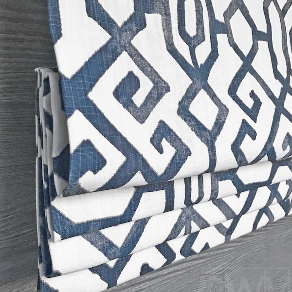 Lined Blue and White Faux Fake Flat Roman Shade Valance; Chinoiserie Modern Oriental Lattice; Jing; Home Gift