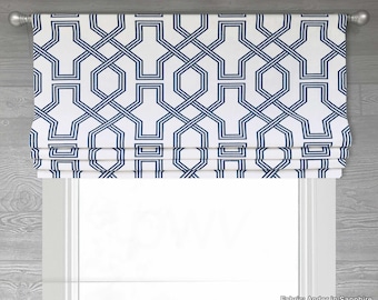 Lined Heavyweight Linen Blend Faux Fake Roman Shade Valance; Navy and White Modern; Geometric, Dark Blue,  Ander;  W
