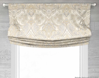 Custom Relaxed Roman Shade Balloon Valance; For Single Window Only; Floral Paisley Medallion in Gold and Gray, Jacquard, Damask; Ephesus