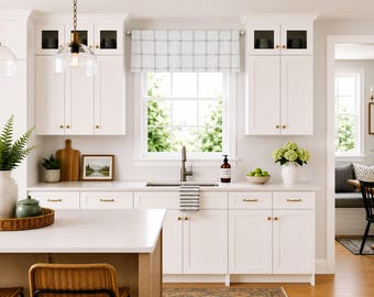 Lined Flat Kitchen Valance; Modern Farmhouse Check; Perfect for Kitchens; French Grey and Off White; Aaron; up to 52" Wide