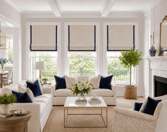 Roman Shade, Faux Shade Valance w/ Navy Ribbon Trim, Heavy Linen Solid Cream/Beige, Pinch Pleat Curtain Available, Slub Linen in Natural