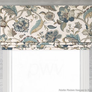 Lined Faux (Fake) Roman Shade Valance; Jacobean Floral; Teal, Blue, Green, Cream, Ivory, Taupe; Finders Keepers Pattern I in French Blue