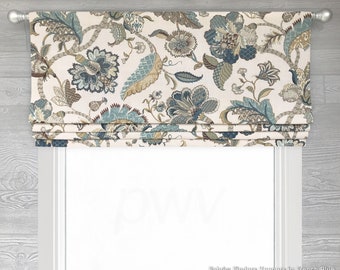 Lined Faux (Fake) Roman Shade Valance; Jacobean Floral; Teal, Blue, Green, Cream, Ivory, Taupe; Finders Keepers Pattern I in French Blue