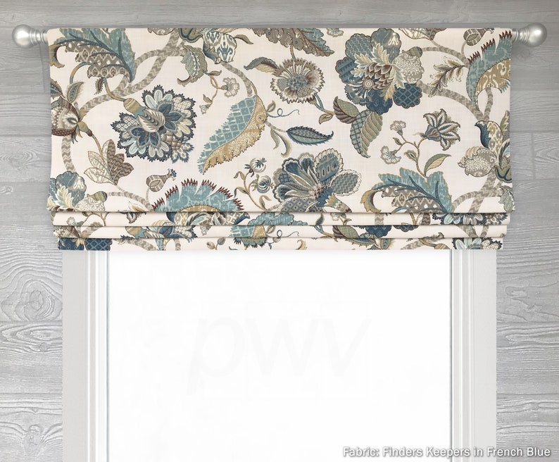 Lined French Blue Faux Fake Roman Shade Valance Jacobean Floral Teal, Brown on Light Ivory Finders Keepers Pattern I image 2