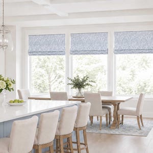 Dining and Kitchen Roman Shade, Neutral Powder Blue and White Faux Shade Valance , Modern Farmhouse Window Treatment, Joash in Mineral Blue