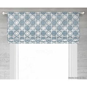 Metro in Blue Lined Faux (Fake) Roman Shade Window Valance;  Custom Curtain, Blue and White Modern Geometric