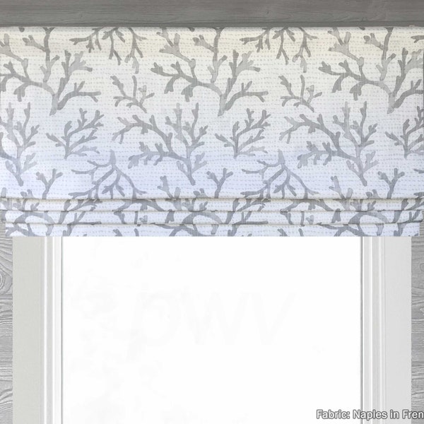 Lined French Grey Beach House Faux (Flat) Roman Shade Valance with Modern Corals; Custom Fit; Coastal; Naples;  Custom Sizing