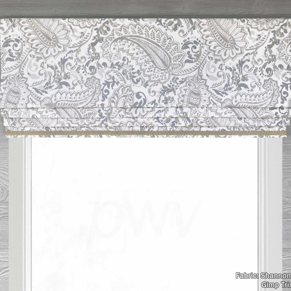 Lined Gray and White Modern Paisley (Stationary) Flat Roman Shade Valance with Beige Gimp Trim; Shannon;  Custom Sizing