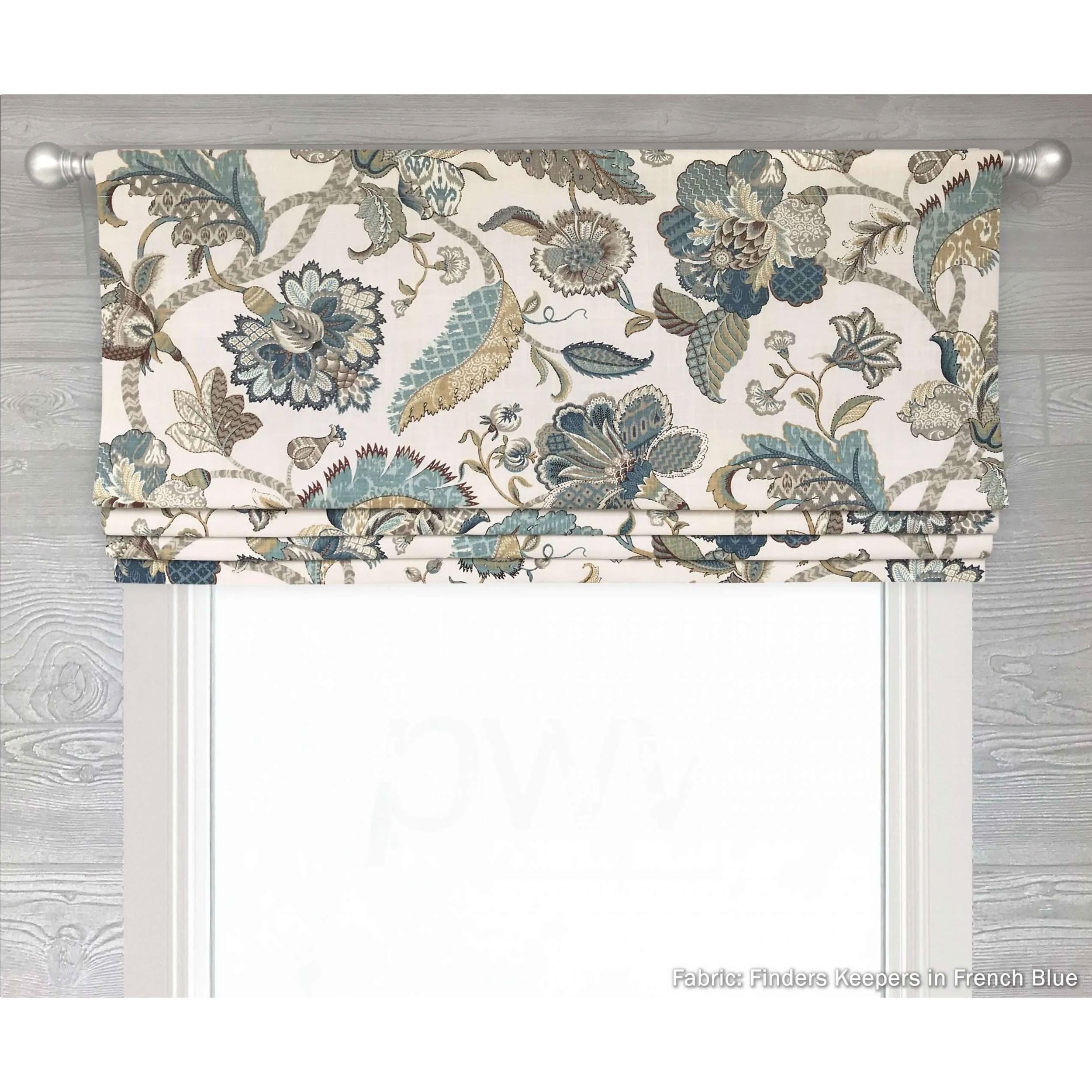 Lined Faux (Fake) Roman Shade Valance; Jacobean Floral; Teal, Blue, Green, Cream, Ivory, Taupe; Finders Keepers Pattern I in French Blue