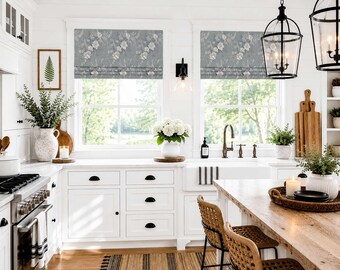 Roman Shade, Faux Shade Valance, Off White, Smoky Gray Floral, Venata in Misty
