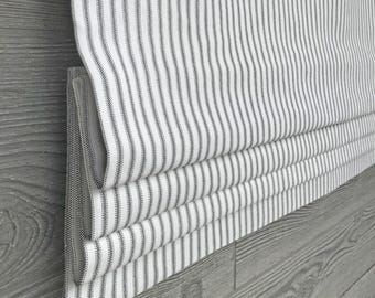Country Kitchen Roman Shade, Faux Shade Valance Black and White Classic Ticking Stripe in Warm Black