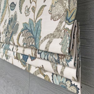 Lined French Blue Faux (Fake) Roman Shade Valance; Jacobean Floral; Teal, Brown on Light Ivory; Finders Keepers Pattern I
