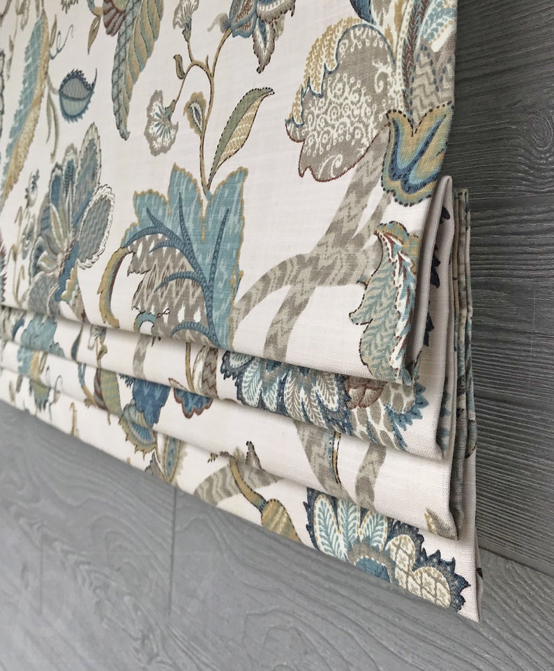 Lined French Blue Faux Fake Roman Shade Valance Jacobean Floral Teal, Brown on Light Ivory Finders Keepers Pattern I image 1