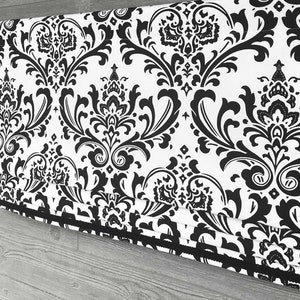 Lined Black and White Faux Mock Roman Shade Valance with Contrast Trim Coordinating Gimp Modern Damask Traditions image 3