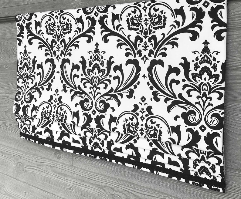 Lined Black and White Faux Mock Roman Shade Valance with Contrast Trim Coordinating Gimp Modern Damask Traditions image 3