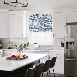 Lined Dark Blue and Mint Blue Faux (Fake) Roman Shade Window Valance on White; Modern Watercolor Florals; Premier Grove; Custom