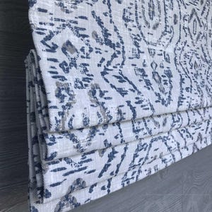 Lined Blue and Gray Faux Flat Roman Shade Window Valance, Oriental Distressed Geometric, Modern, Heavy Linen; Jazmin in Space Blue