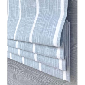 Lined Mineral Blue and White Modern Farmhouse Stripe Faux Flat Roman Shade Window Valance; Windridge; Custom; Custom Sizing