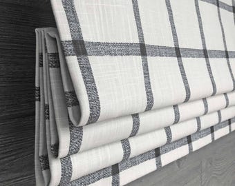Roman Shade, Faux Shade Valance, Black and Off White Kitchen; Modern Farmhouse, Buffalo Check; Pinch Pleat Curtain Available, Aaron in Ink