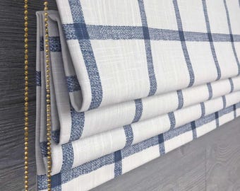 Roman Shade Made in Aaron in Italian Denim Fabric, Functional Slatted Blind, Custom Sized