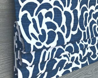 Roman Shade, Faux Shade Valance, Heavy Linen Floral, Blue, Navy; Pinch Pleat Curtain Available, Peony in Capri Luxe Linen
