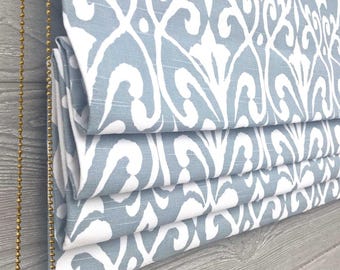 Roman Shade Made in Field in Blue Fabric, Functional Slatted Blind, Custom Sized