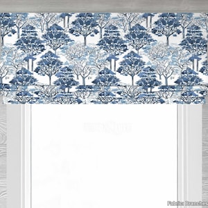 Branches in Blue Lined Faux (Fake) Roman Shade Window Valance;  Custom Size, Blue and White Design for Easy Pacific Living
