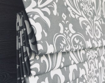 Lined Gray and White Faux (Stationary) Roman Shade Valance; Modern Damask; Ozbourne in Storm; Custom Size Window Curtain