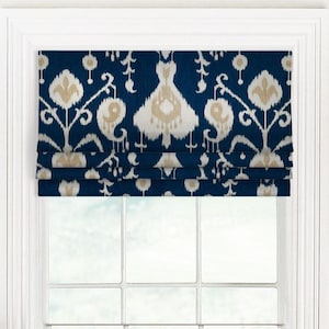 Faux (Fake) Roman Shade Window Valance; Large Tribal Ikat Design; Blue, Light Cream, Gray/Tan; Custom Window Curtain; Java in Navy