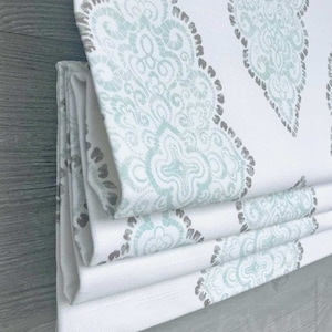 Faux Fake Flat Roman Shade Valance, Modern Diamond Medallion for Kitchen and Bath; Soft Teal Blue on White; Monroe in Snowy; Lining Included