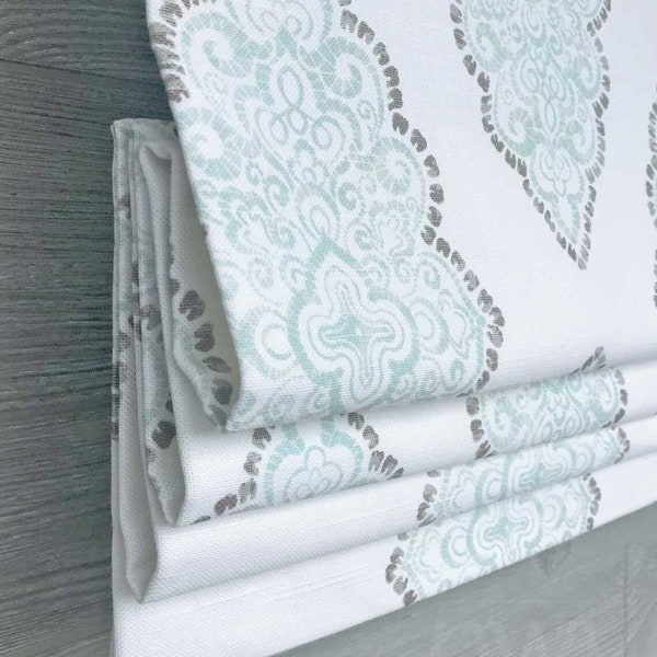 Faux Fake Flat Roman Shade Valance, Modern Diamond Medallion for Kitchen and Bath; Soft Teal Blue on White; Monroe in Snowy; Lining Included